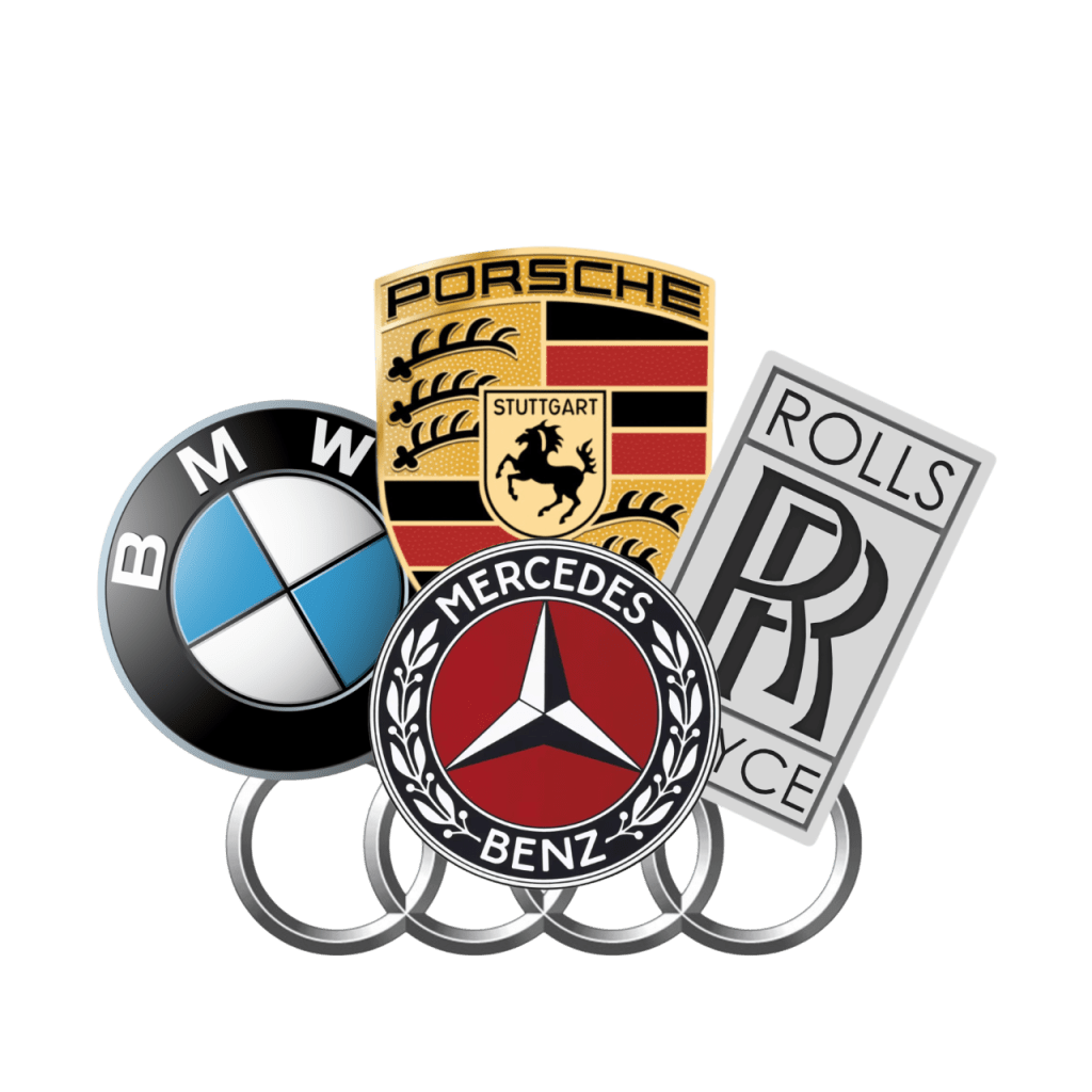 Logos of BMW, Porsche, Mercedes-Benz, Rolls-Royce, and Audi representing European car repair services in Houston by DMW Motor Cars